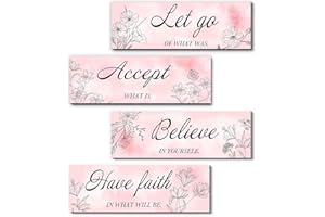 BirtDerr 4 Pieces Pink Bathroom Decor Wall Art Bathroom Sign-Pink Bathroom Accessories-Bathroom Pictures Wall Decor-Pink Bathroom Decor-Floral Wood Sign for Home Spa Wall Decor