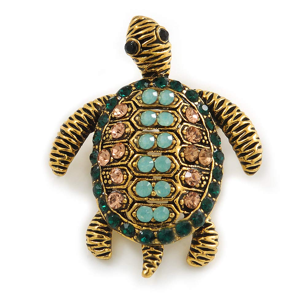 Vintage Inspired Austrian Crystal Turtle Brooch In Antique Gold Tone Metal - 35mm L