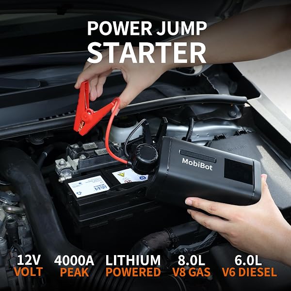 MOBIBOT 4000A JUMP STARTER WITH AIR COMPRESSOR,74WH BATTERY JUMPER STARTER PORTABLE WITH LED DISPLAY,12V 4-IN-1 JUMP BOX PACK (10L GAS/ 6L DIESEL) WITH 160PSI TIRE INFLATOR, LED LIGHT, JUMPER CABLES