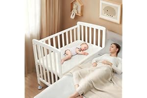 Flwrgirl Baby Bassinets Bedside Sleeper - Portable Pine Wood Bedside Bassinet,6 Heights Small Mini Crib with Mattress,Space-Saving Design Baby Crib for Newborns 0-12 Months,White