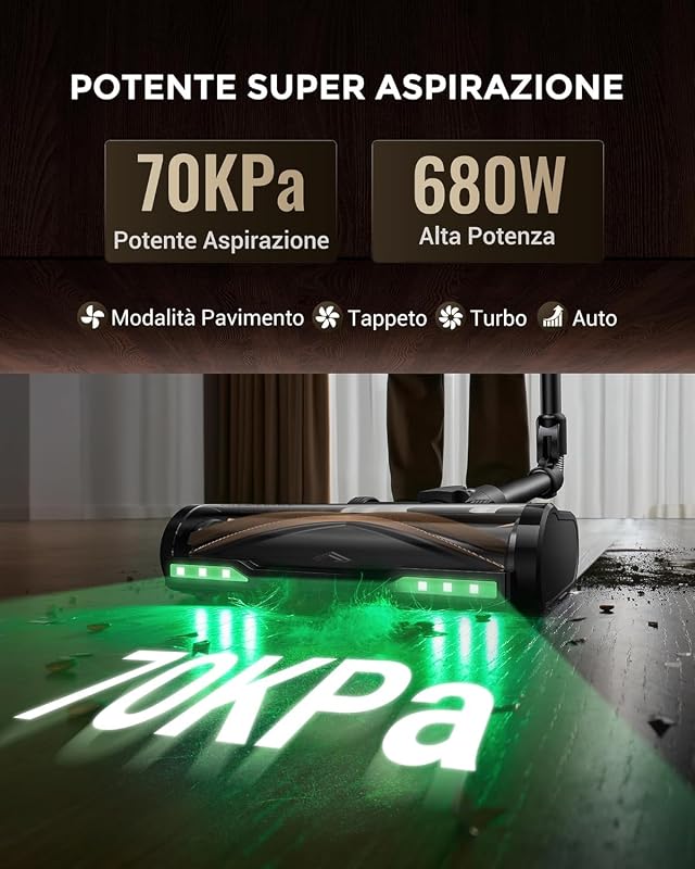 P20+ Aspirapolvere Senza Fili Potente 680W/70 Min/70000Pa, Scopa Elettrica Senza Fili con Bacchetta Pieghevole, Spazzola Antigroviglio, Aspirapolvere Lavapavimenti, per Pavimenti/Tappeti