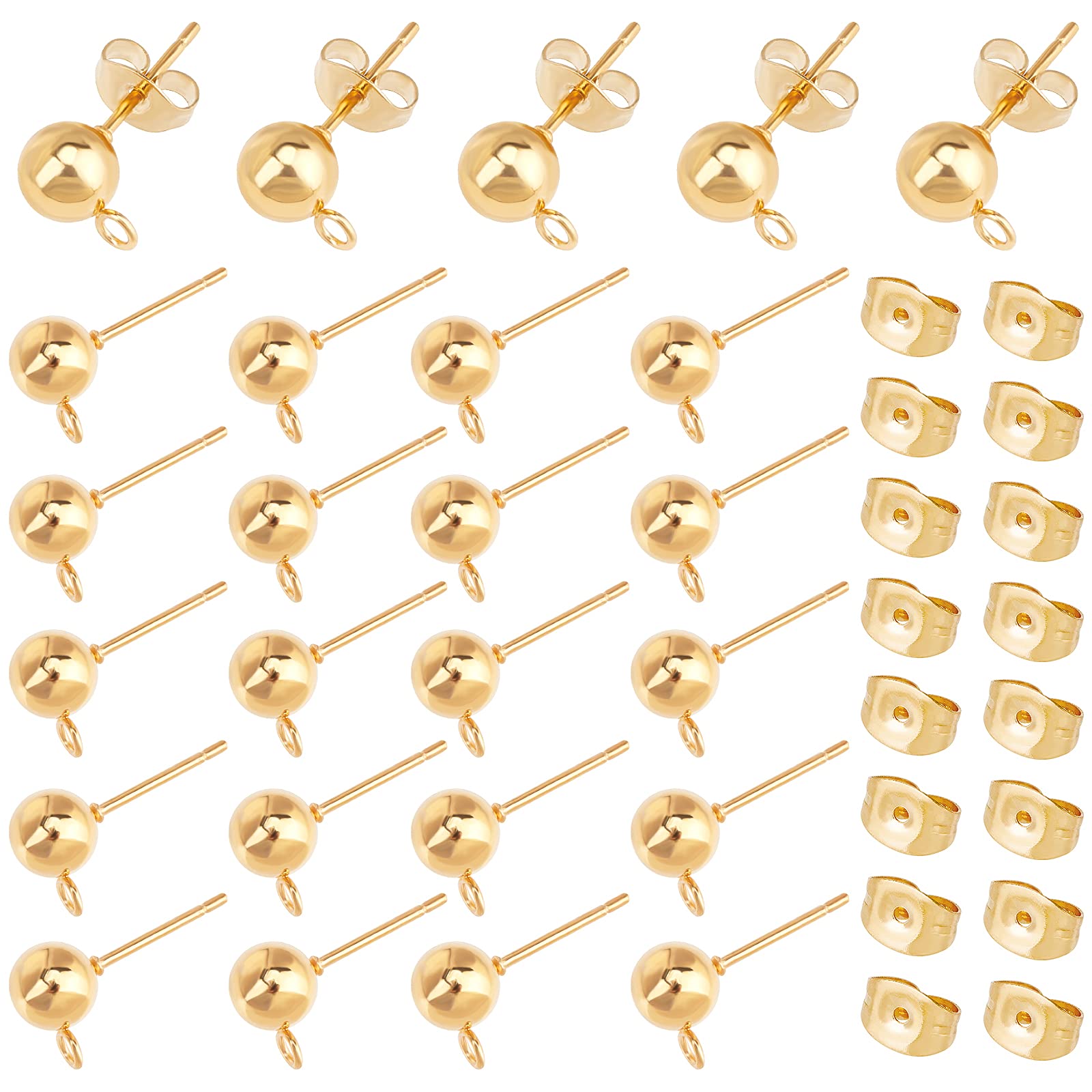 UNICRAFTALE 40pcs 6mm 304 Stainless Steel Stud Earring Findings Golden Ball Stud Earrings Metal Ball Earring Components Hypoallergenic Ball Earring Posts for DIY Earring Making Pin 0.8mm