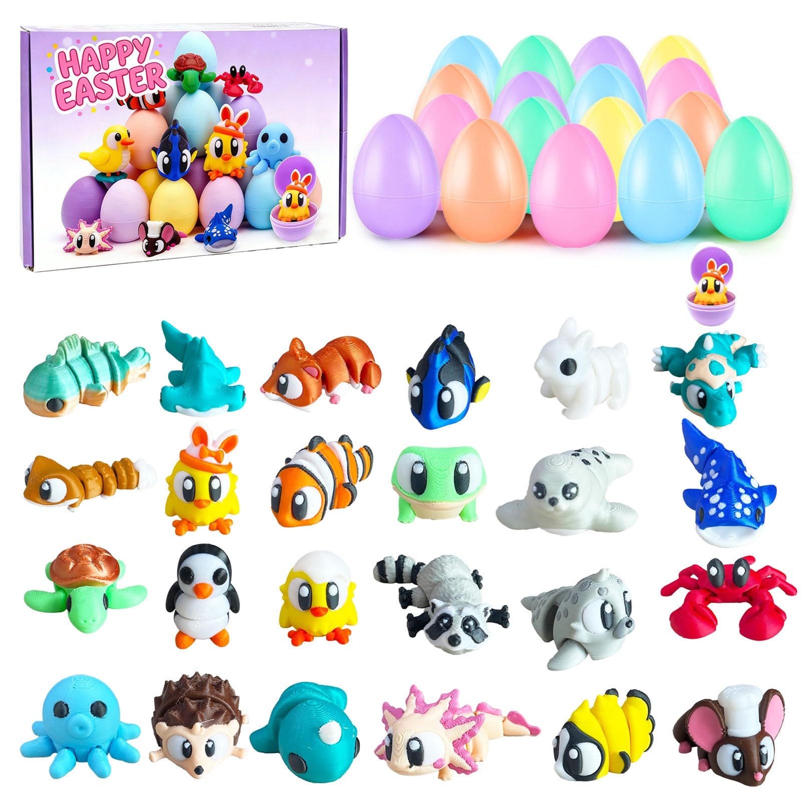AGSWE 24Pack Easter Eggs,3D Printed Stuff,Easter Basket Stuffers,3D Printed Little Animals Articulated Flexible Fidget Toy, Easter Egg with Animal Toys Kids Classroom Gift Exchange Party Favors