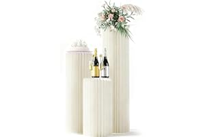 HEIMMA 3 Pack Portable White Cylinder Stands for Party, 31.5", 23.6", 15.7" Height Foldable Cardboard Tall Cake Pedestal Stand Pillar Table Stand, cilindros para fiestas redondos blancos for Wedding Parties