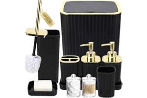 XLHOMO Bathroom Accessories Set - Gorgeous Black Bathroom Set, 10PC Bathroom Accessory Set, Toilet Brush, Trash Can, Qtip Holder Dispenser & Soap Dispenser