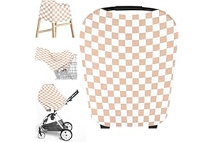 Little Jump Multi-use Baby Carseat Cover, Breathable Nursing Cover, High Stretchy Infant Carseat Canopy, Stroller Cover, Car Seat Covers for Bbies, Boys & Girls (Cream Checkered)