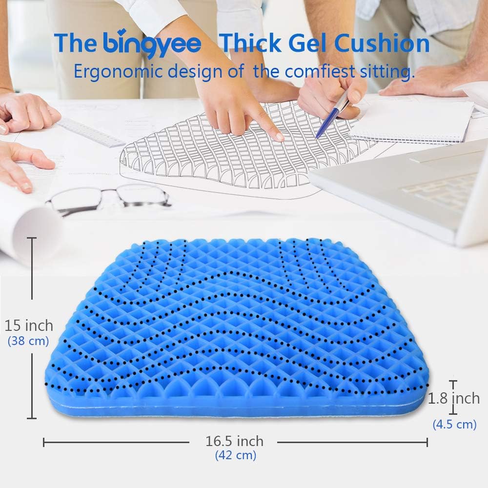 Bingyee Gel Seat Cushion 1.8 Inch Thick Double Gel Orthopedic Seat Cushion Pad for Pressure Relief Breathable Gel Sits Perfect for Office Chair, Car, Home, Wheelchair Sweat Resistant Chair Pads: Health & Personal Care