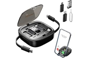 ESSAGER Multi USB Adapter Retractable Charging Cable Kit,USB C to Lighting Adapter,USB-A & Type-C to Type C/Micro/Lighting,Data Transfer,Card Storage Box with Phone Holder,Black