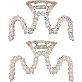 Rhinestone Hair Clips, Textention 3.4 Inch Pearl Claw Clips for Thick Hair, Crystal Metal Hair Jaw Clamps Fashion Hair Accessories for Women Bride Bridesmaid (2 Pack)
