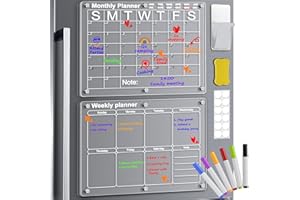 Yirilan Acrylic Calendar for Fridge, 2 Set Clear Dry Erase Board for Refrigerator, 16"X12" Magnetic Calendar Includes 6 Colors Markers