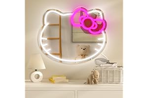 Heliwey Anime Cat Mirror Neon Light Vanity Mirror with Light for Girls Room Decor, USB Powered LED Wall Mirror Neon Sign for Room Decor, Anime Cat Room Accessories