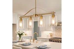 huong son Island Light for Kitchen, 4-Light Linear Chandelier Pendant Lighting for Kitchen Island, Brushed Gold Dining Room Light Fixture Over Table with Clear Glass Shades