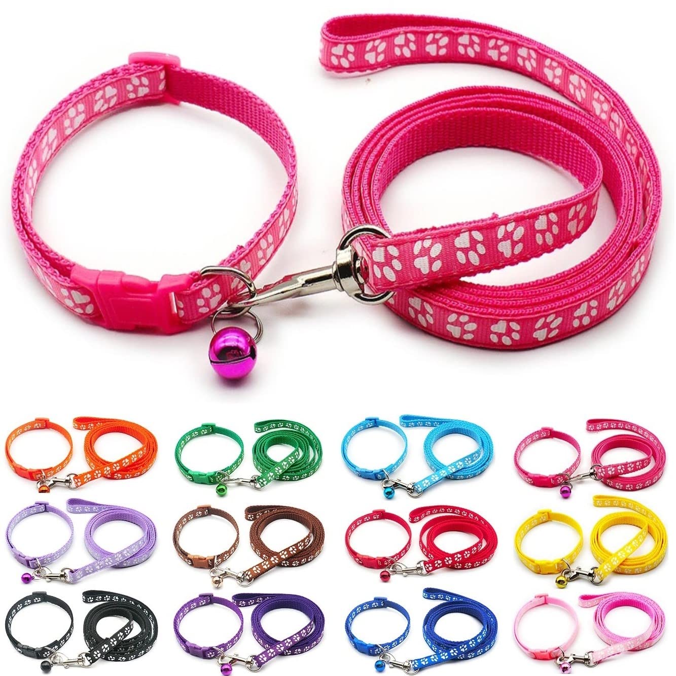 Small Dog Puppy Pet Collar and Lead Set Pawprint Design Nylon Adjustable Size 19-32cm Collar with Bell and 120cm Leash Pink Magenta Rose