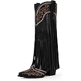 Modatope Cowboy Boots for Women Fringe Knee High Boots Embroidered Cowgirl Western Pointed Toe Chunky Heel Slip on Wide Calf Cowboy Boots