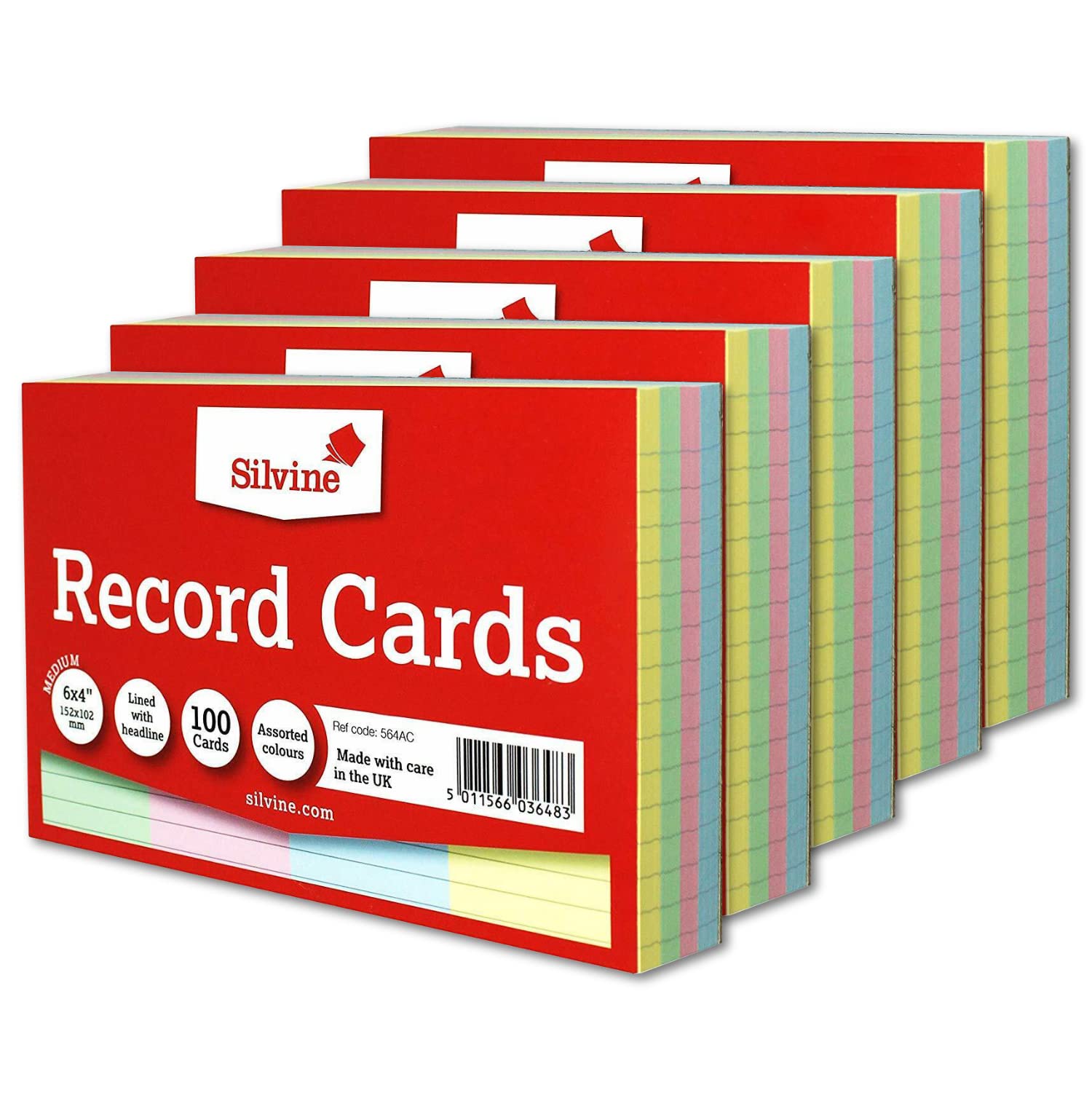 Silvine Record Card Bulk Pack of 500 | 5 x 100 6x4” Coloured Lined with Headline Record Cards – Size Medium 152 x 102mm – A6