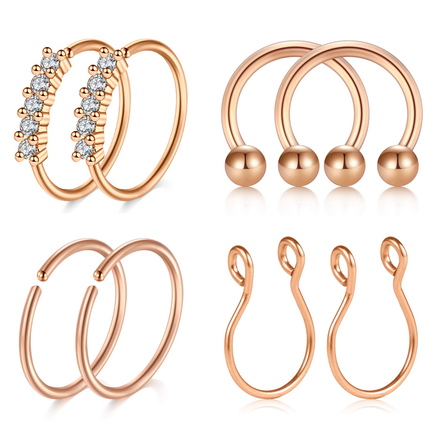 20 Gauge Fake Nose Rings Stainless Steel Septum Rings CZ Inlaid Fake Piercing Nose Lip Rings for Women Men Body Jewelry - Rose gold