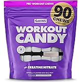 Gains in Bulk Workout Candy, Pre Workout Chews with Creatine and Caffeine for Energy, Focus, Muscle and Pump, Nitric Oxide Support, Supplements for Men and Women, Sour Fruit, 90 Vegetarian Chews