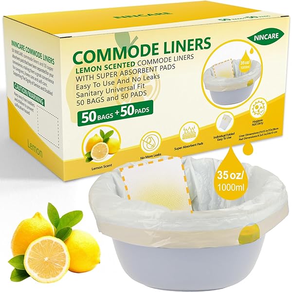 ININCARE Commode Liners With Absorbent Pads For Bedside Commode, 50 Lemon Scented Bedside