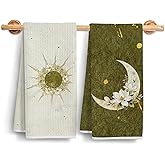 TAZSWDMM Boho Sun and Moon Kitchen Towels, Vintage Olive Green Dish Tea Towels, Mystical Celestial Boho Flower Decorative Hand Towels for Kitchen Bathroom, 16x24 Inch Set of 2