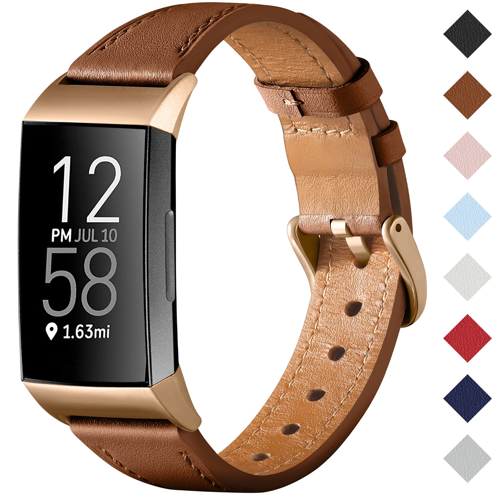CeMiKa Genuine Leather Strap Compatible with Fitbit Charge 3/4, Brown/Rose Gold, 21mm, 6.3"-8.1" Unisex Wristband