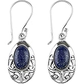 DEVMUKTI 925 Sterling Silver Dainty Earrings for Women, Natural Lapis Lazuli Gemstone, Handmade Jewelry, Chakra & Reiki Healing Crystals, Filigree Elegant Drop Earrings Christmas Gift for Her