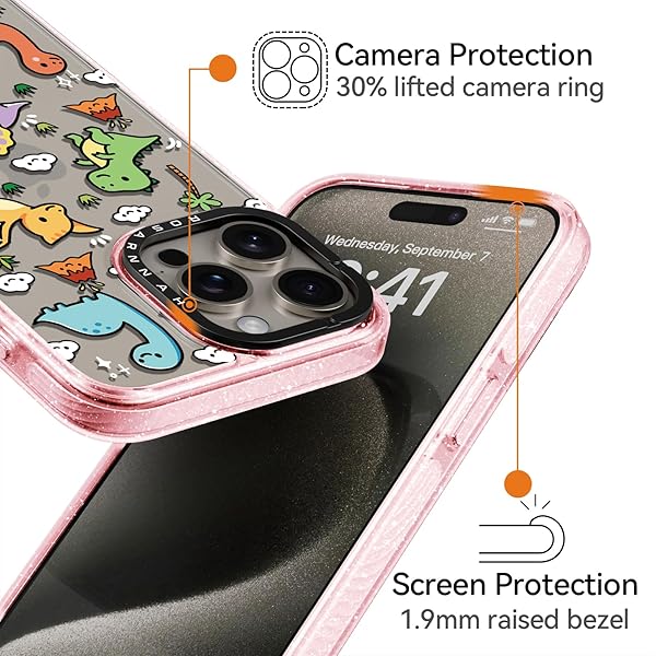 ROSARNNAH FOR IPHONE 15 PRO CASE CUTE – DURABLE SHOCKPROOF 6.6 FT DROP IMPACT PHONE CASE – FUNNY BLUE SPRING DESIGN (6.1″) GLITTER PINK