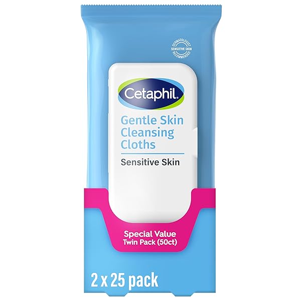 CETAPHIL FACE AND BODY WIPES, GENTLE SKIN CLEANSING CLOTHS, 50 COUNT, TWIN PACK, FOR DRY, SENSITIVE SKIN, FLIP TOP CLOSURE, GREAT FOR THE GYM, TRAVEL, IN THE CAR, HYPOALLERGENIC, FRAGRANCE FREE