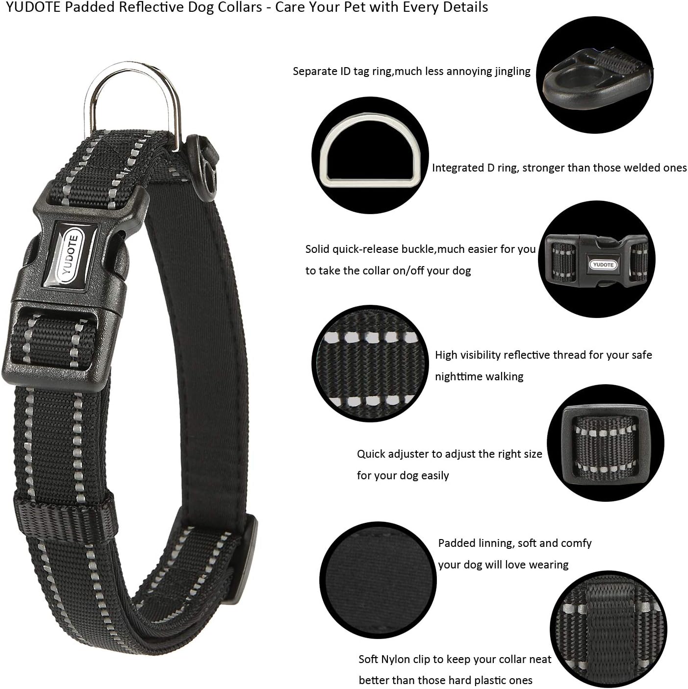 YUDOTE Dog Collar Medium Strong Reflective Nylon Webbing with Soft Comfy Neoprene Padded Linning for Medium Dogs Daily Use,Black - Image 5