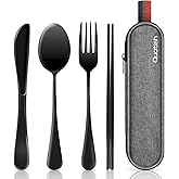 Travel Utensils with Case, Quatish Portable Silverware Set for Work, Stainless Steel Reusable Travel Cutlery Set, Fork and Spoon Set for Camping, Picnic, Gadgets, Lunch Box for Men, Black