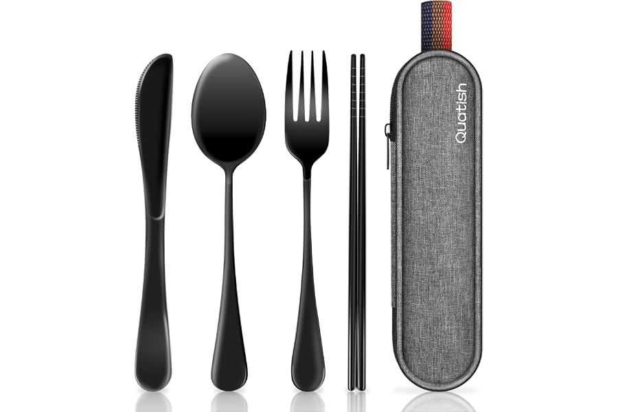 Travel Utensils with Case, Quatish Portable Silverware Set for Work, Stainless Steel Reusable Travel Cutlery Set, Fork and Spoon Set for Camping, Picnic, Gadgets, Lunch Box for Men, Black