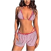 Verdusa Women's Striped Self Tie Halter Bikini Sets with Shorts 3 Piece Swimsuit