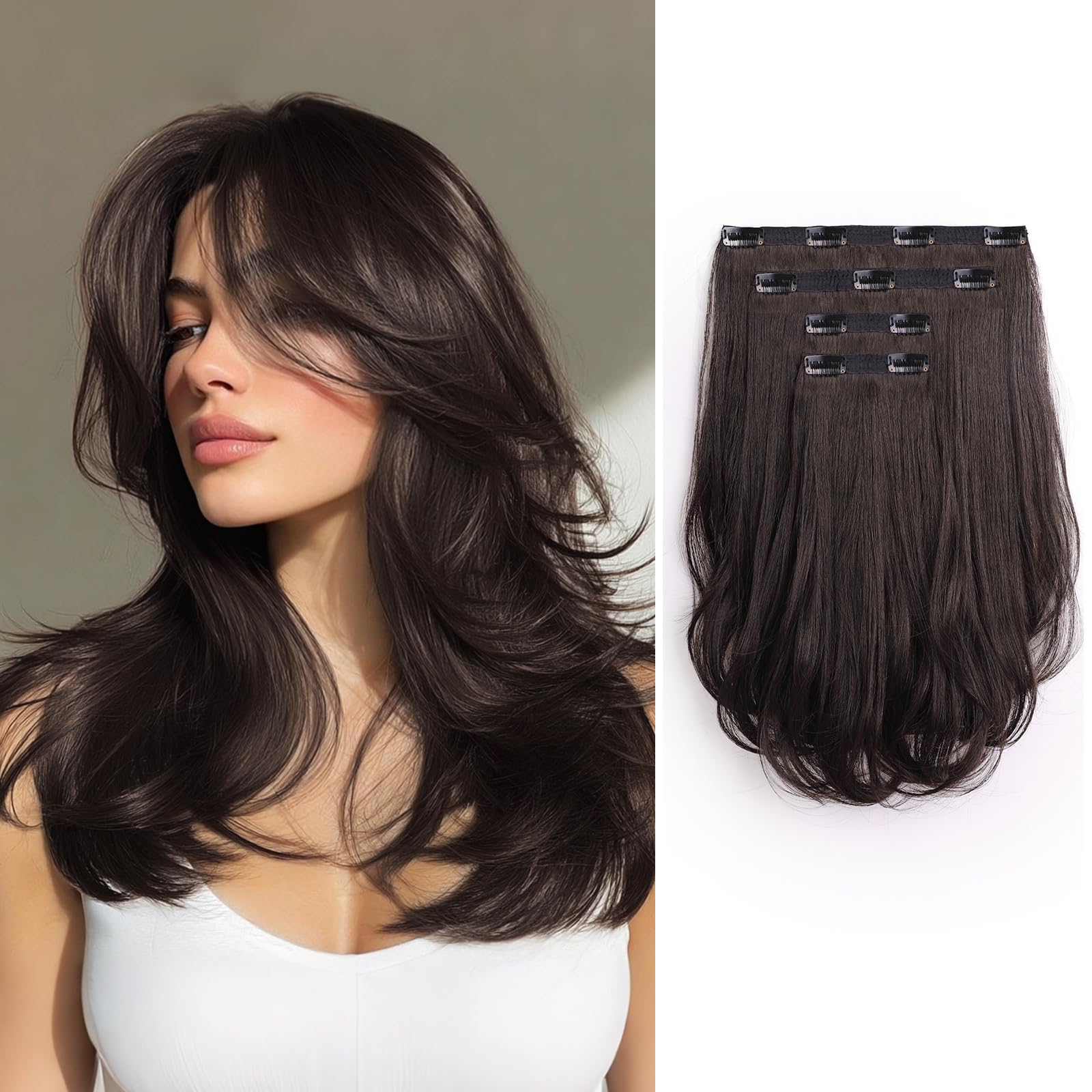 Photo 1 of XIXISNOW Clip In Hair Extensions Clip Ins 14'' Long Synthetic Dark Brown Hair Extensions Clips 4PCS Soft Natural Heat Resistant Womens Clip On Hair Pieces for Women Weddings Party Daily Use 5Oz