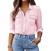 Denim Shirt Women Button Down Long Sleeve Chambray Western Jean Shirts Collared Casual Denim Tops