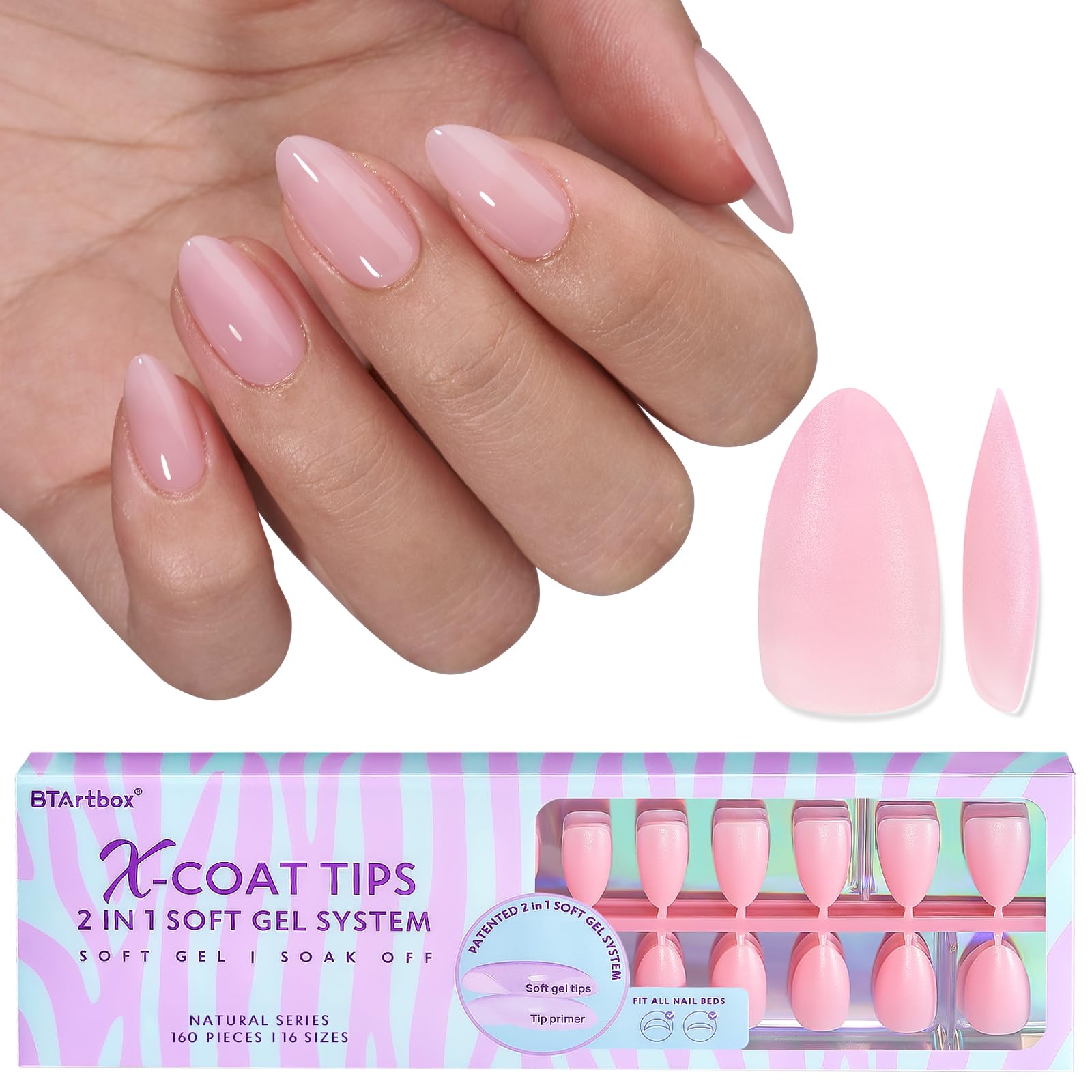 Short Almond Gel Nail Tips - BTArtbox XCOATTIPS 160 Pcs Fake Nails, Pre-applied Tip Primer Soaked Off Press On Nails for Nail Extensions in 16 Sizes — image 1