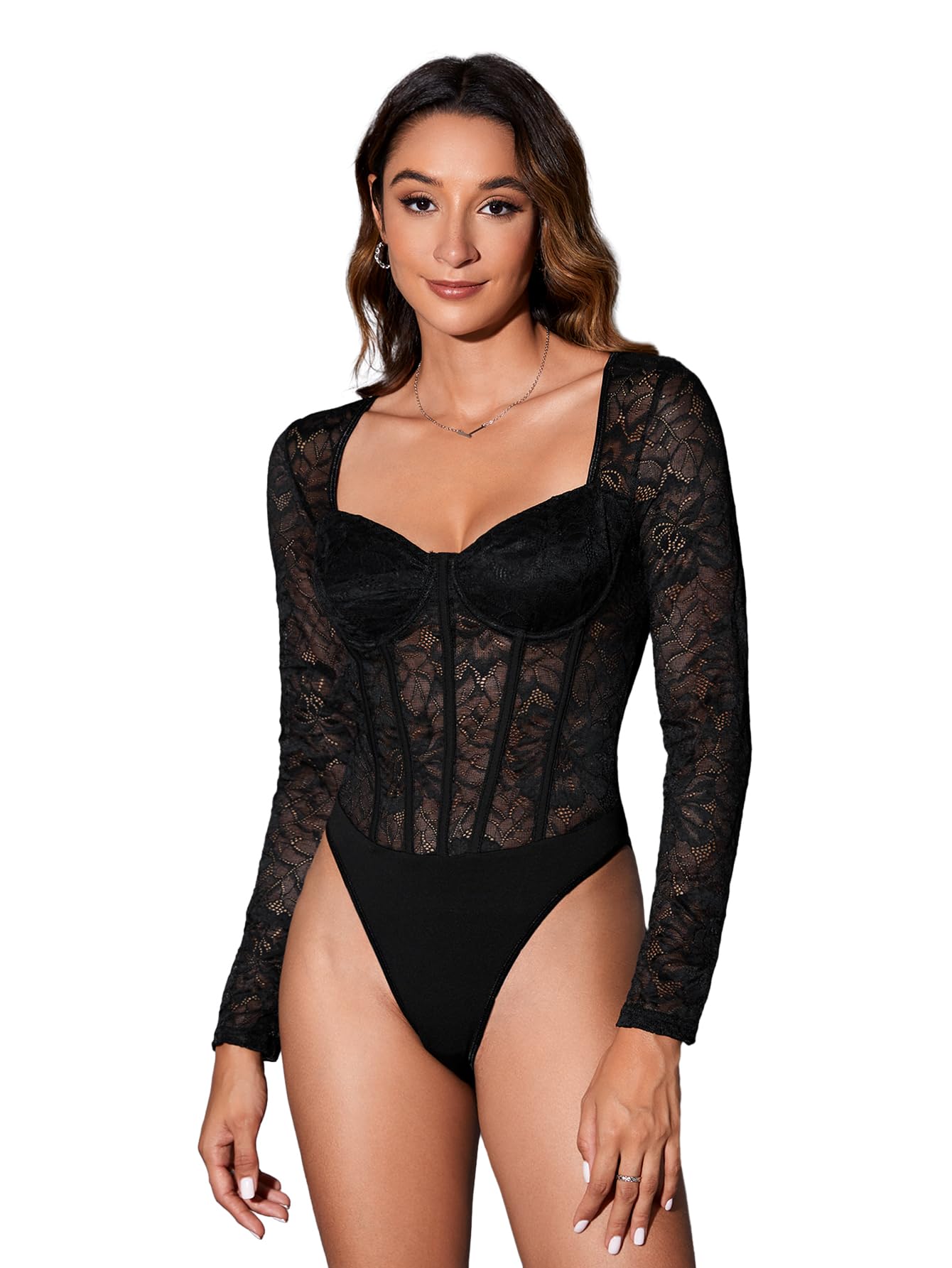 Photo 1 of SweatyRocks Women's Sheer Floral Lace Long Sleeve Bodysuit Tops Sweetheart Neck Jumpsuit Solid Black X-Small
