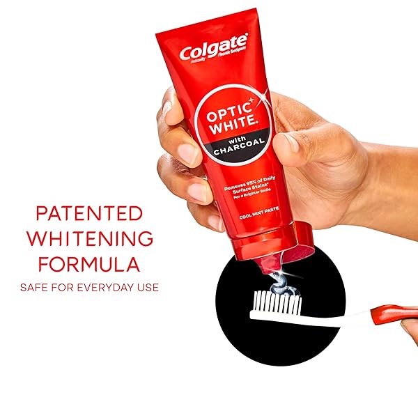 COLGATE OPTIC WHITE WHITENING TOOTHPASTE WITH CHARCOAL, WHITENING WITH CHARCOAL TOOTHPASTE PACK, REMOVES DAILY SURFACE STAINS, ENAMEL-SAFE FOR DAILY USE, VEGAN, COOL MINT PASTE, 2 PACK, 4.2 OZ