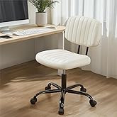 Sweetcrispy Small Office Desk Chair - Armless PU Leather with Comfy Lumbar Support, Height Adjustable Rolling Swivel Task for No Arms, for Adult, Student, Bedroom, Home, Vanity, Beige White