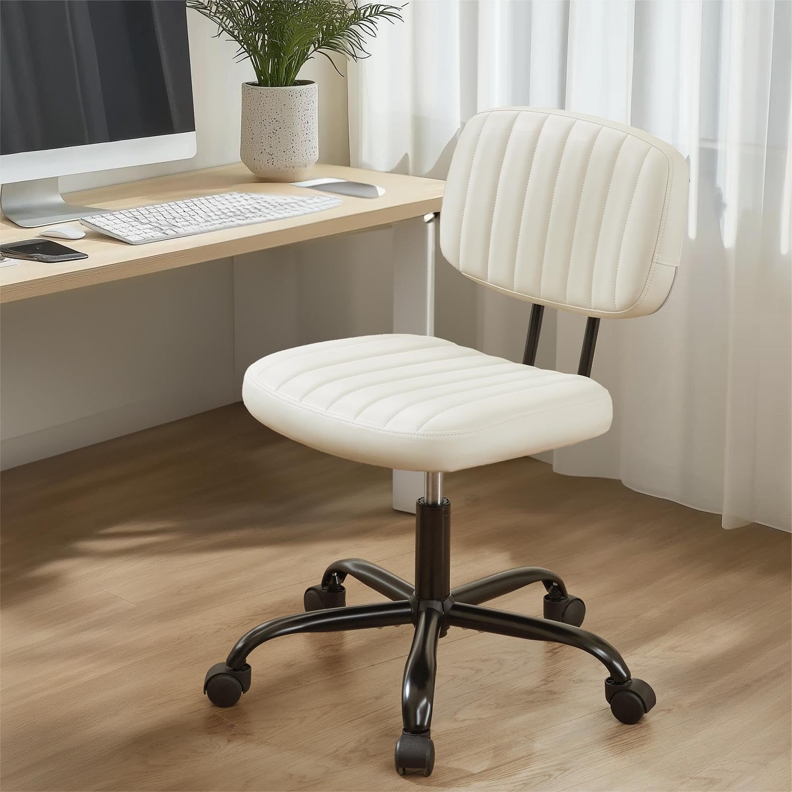 Photo 1 of *MISSING PARTS*
Sweetcrispy Small Office Desk Chair - Armless PU Leather with Comfy Lumbar Support, Height Adjustable Rolling Swivel Task for No Arms, for Adult, Student, Bedroom, Home, Vanity, Beige White
