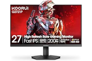 KOORUI 27" Gaming Monitor, 200Hz 1ms Fast IPS, WQHD (2560 x 1440p) HDR 400 Display, DCI-P3 95% Color Gamut, FreeSync Premium, Adaptive G-Sync, HDMI x 2, DisplayPort, G2721P