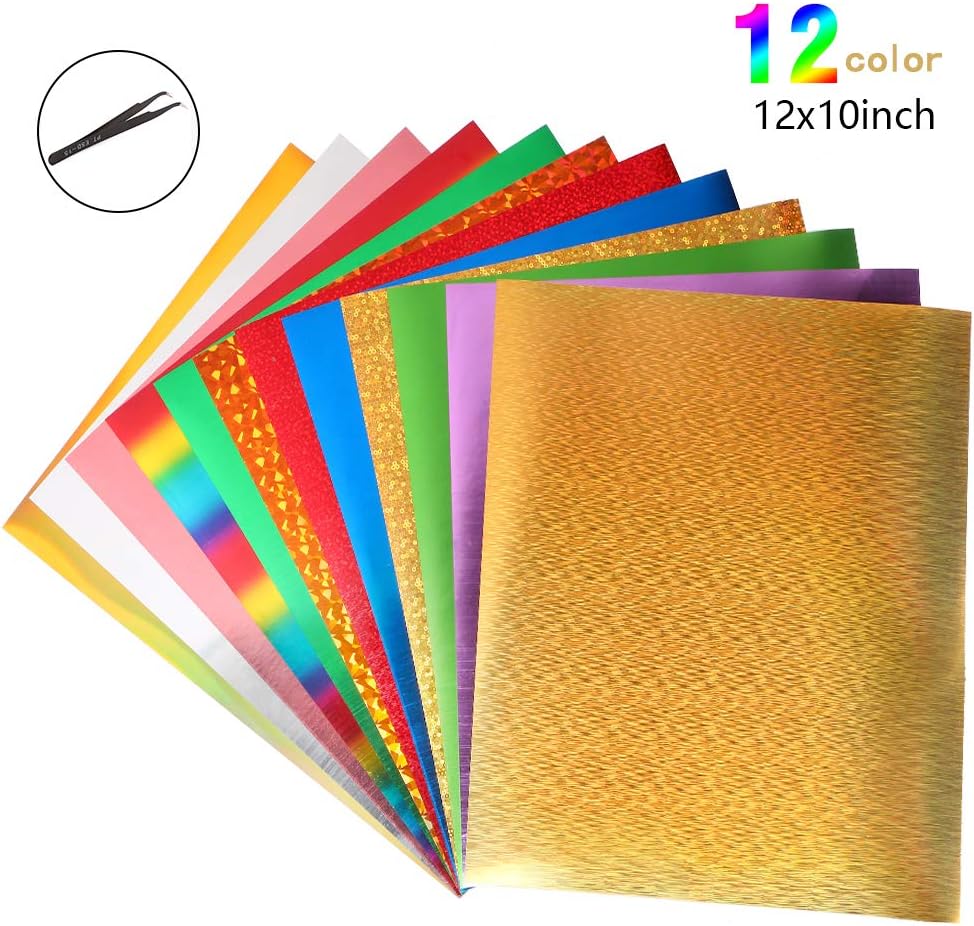 HTV Metallic Foil Heat Transfer Vinyl - 12 Sheets 12"x10" Holographic Iron On Vinyl Bundle for DIY T-Shirt, Silhouette Cameo, Cricut or Heat Press Machine