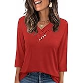 Sampeel Women's V Neck 3/4 Length Sleeve Button Down Shirt
