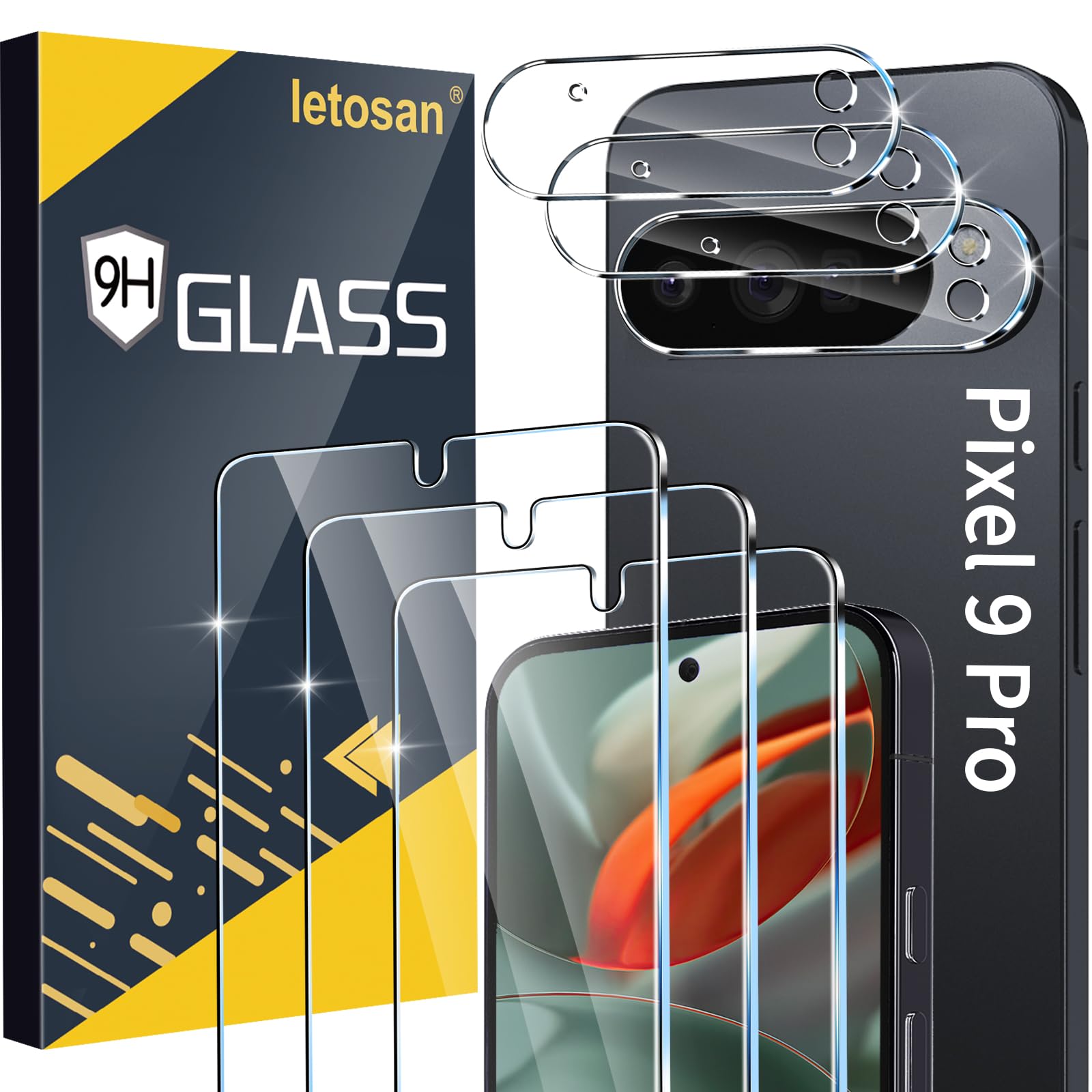letosan 3 Pack for Google Pixel 9 Pro Screen Protector Tempered Glass + 3 Pack Camera Lens Protector, Military Grade Shatterproof, 9H Hardness, Fingerprint Unlock,Case Friendly 6.3 Inch