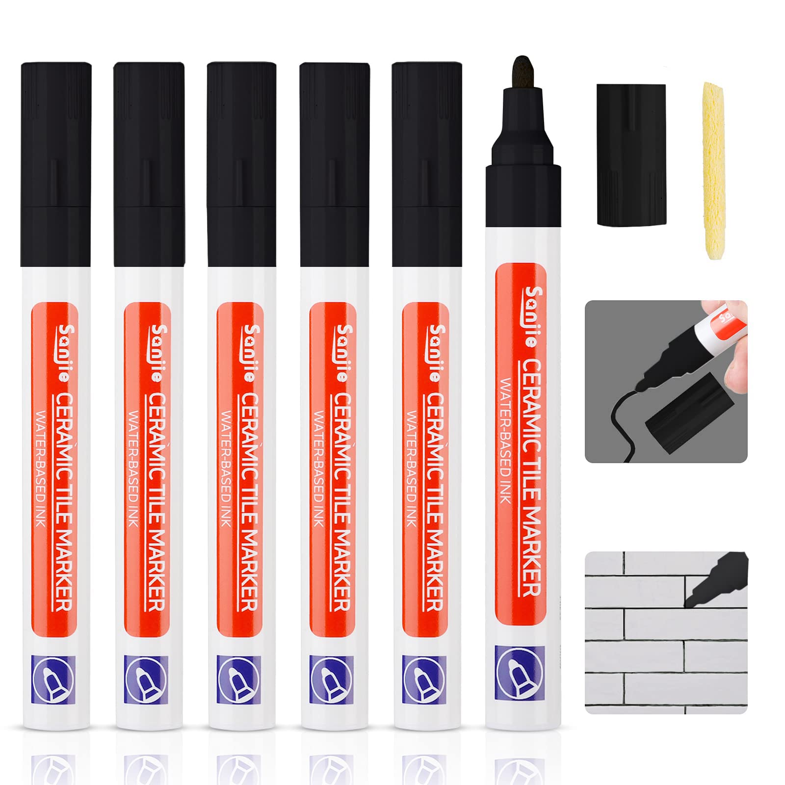 DONQL 6Pcs Tile Pen Black Grout Pen for Tiles Bathroom with Replacement Nib Tips Anti-Grout Tile Pen Marker for Restoring Tile Grout Wall Floor Bathroom Kitchen and Floor Tiles (Black)