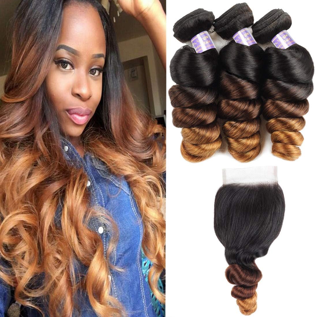 AlloveHair Brazilian Loose Wave Ombre Bundles With Closure (18 20 22+16inch) 3 Bundles with 4X4 Lace Closure Free Part Virgin Remy Hair 10a 3 Tone 1B/4/27 Ombre Weave Human Hair