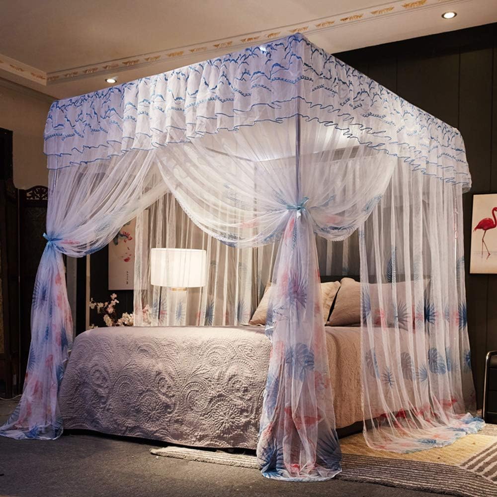 Nattey Flamingo 4 Corners Post Canopy Bed Curtains for Girls Adults - 4 Openings Bed Canopy- Cute Princess Bedroom Decoration Accessories Gift (California King, Blue)