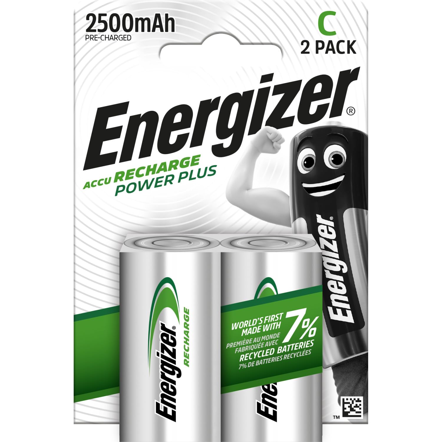 Energizer Recharge Power Plus - Rechargeable C Batteries (2 Pack) - 2500 mAh NiMH Battery - Toys, Radios, Torches - 100% Recyclable Plastic Free Packaging