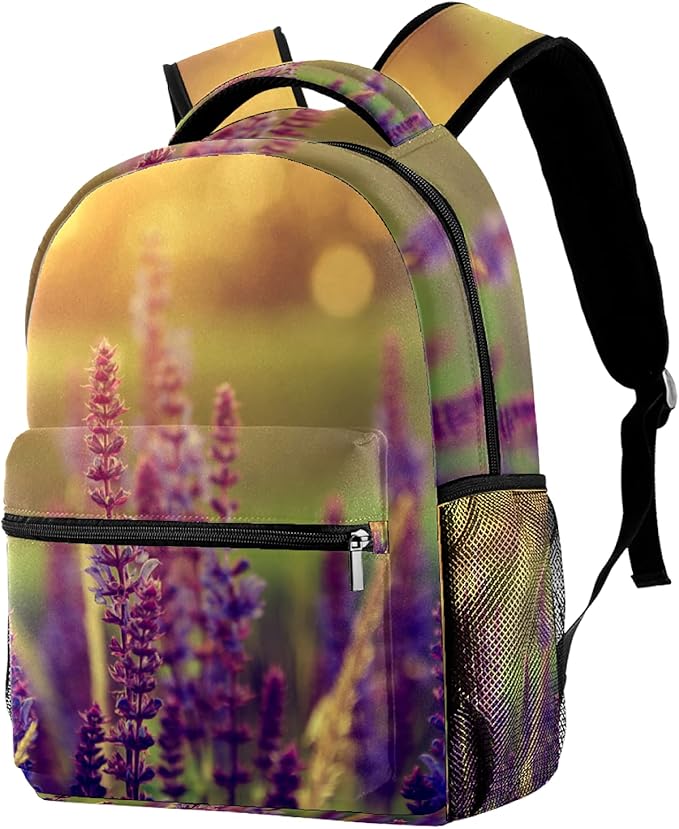 Mochila de viaje con flores moradas de lavanda para la escuela, mochila
