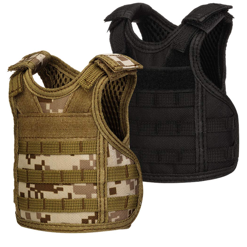 AOUTACC Mini Tactical Beer Vests, Molle Beer Cooler Jacket Adjustable Drink Bottle Vests Holder Beverage Cooler Holder for 12oz or 16oz Cans or Bottles (2 Pack, Black + Desert Camo)