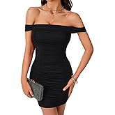LYANER Women's Off Shoulder Ruched Sexy Party Club Cocktail Mini Bodycon Dress