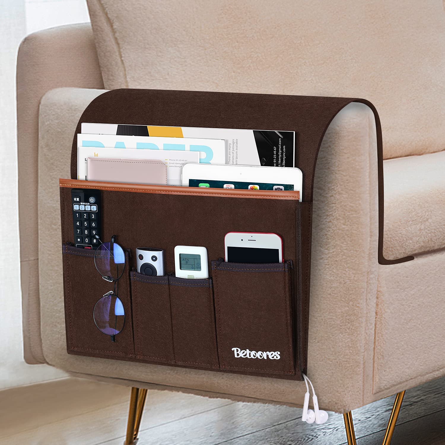 Sofa Armrest Organiser, Sofa Organiser, Bed Bag for Hanging, Felt Hanging Organiser Bag with 5 Pockets for Couch, Chair, Bed, Bed Railing, Desks, Counters, Cupboard, TV, Coffee Brown